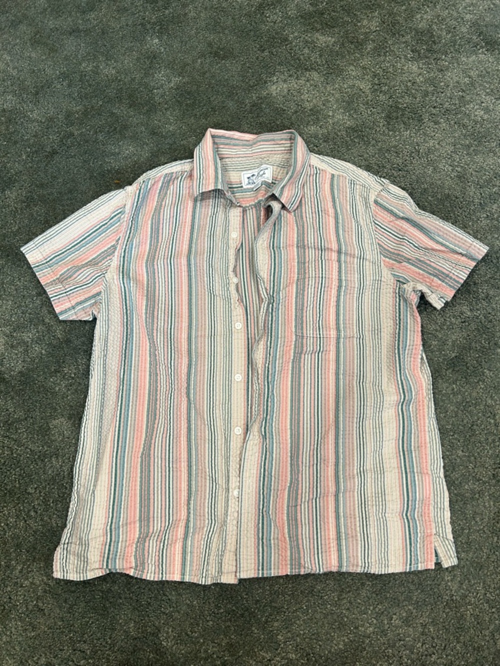 American Eagle Striped Short-Sleeve Button-Up Shirt in Coral, Blue & Cream